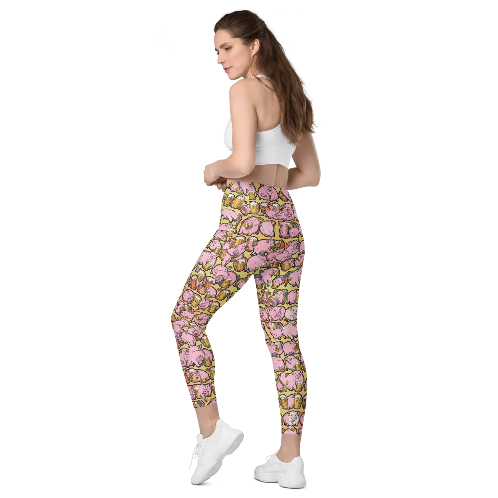 Brew And Oink on Leggings with Pockets — Left Back