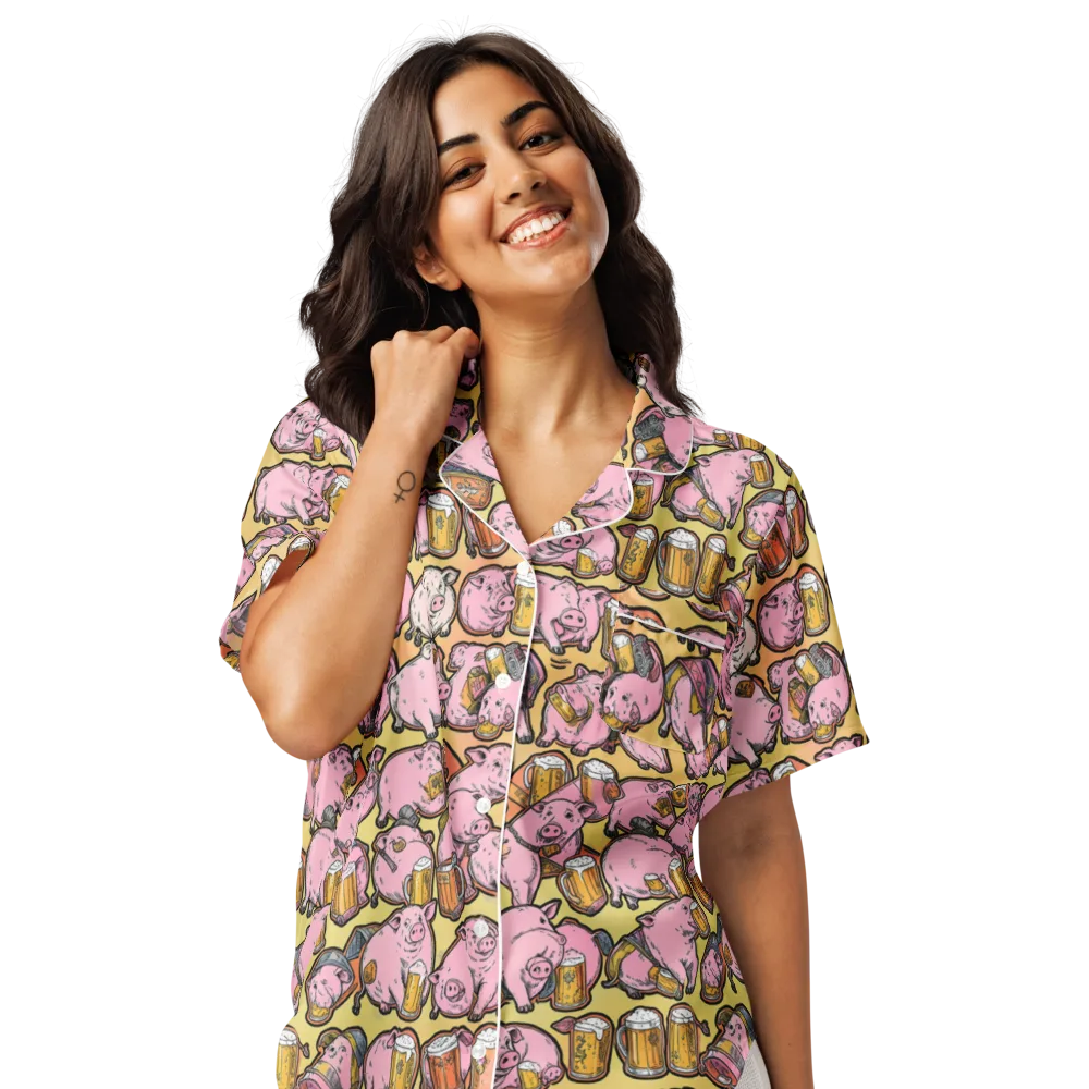 Brew And Oink on Women's Short Sleeve Pajama Top — Front