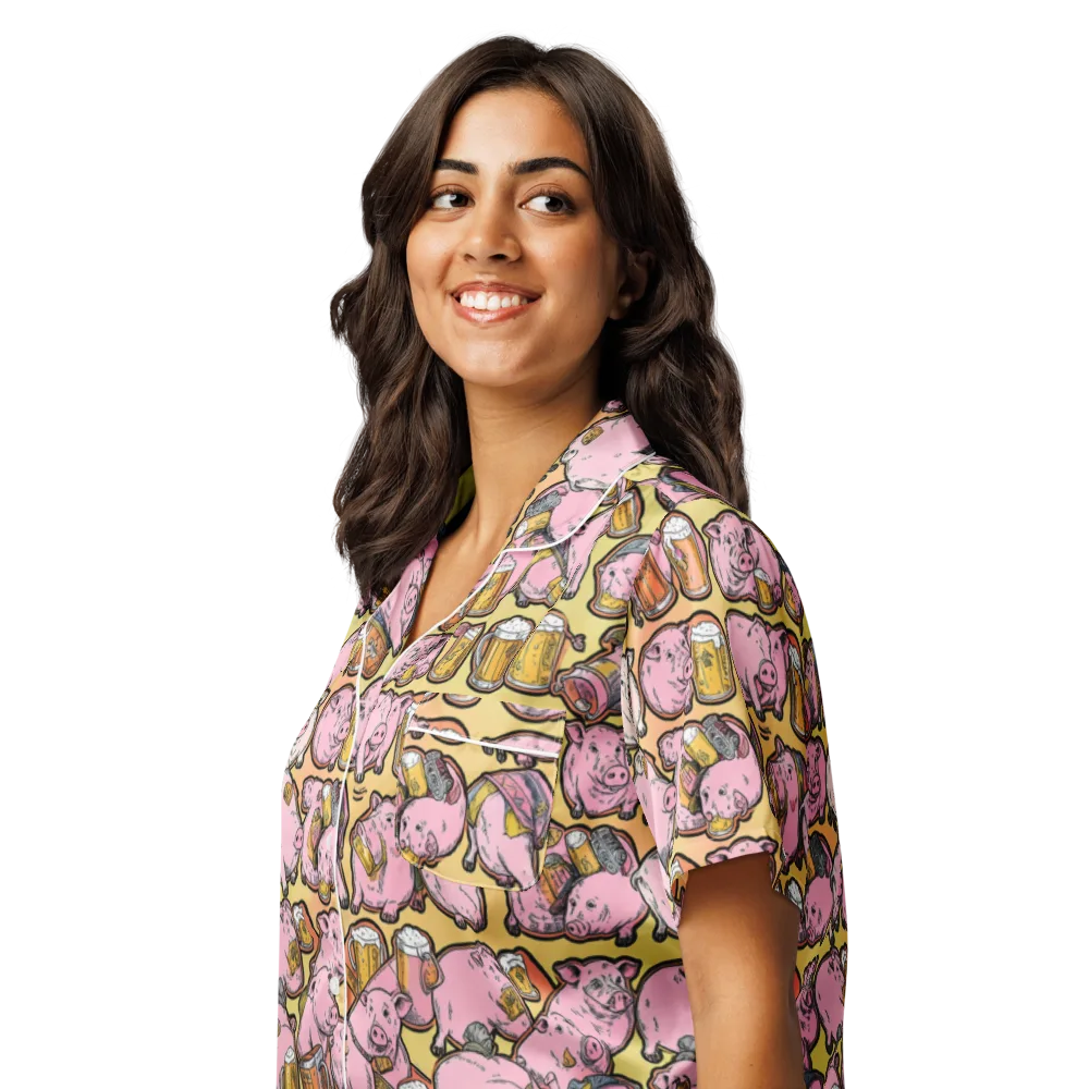 Brew And Oink on Women's Short Sleeve Pajama Top — Left Front