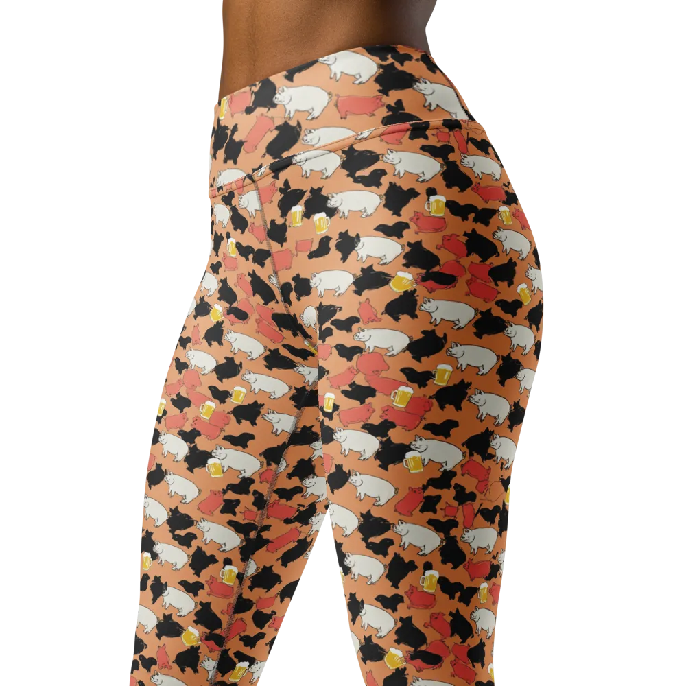 Porcine Party on Yoga Leggings — Left Front