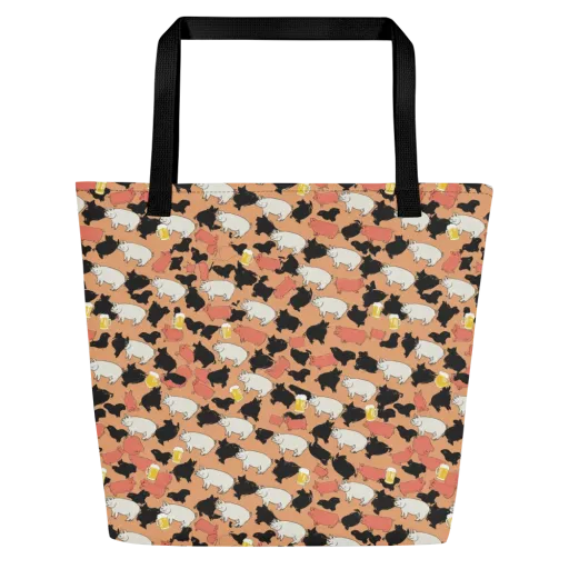 Porcine Party on a Large Tote Bag W/ Pocket