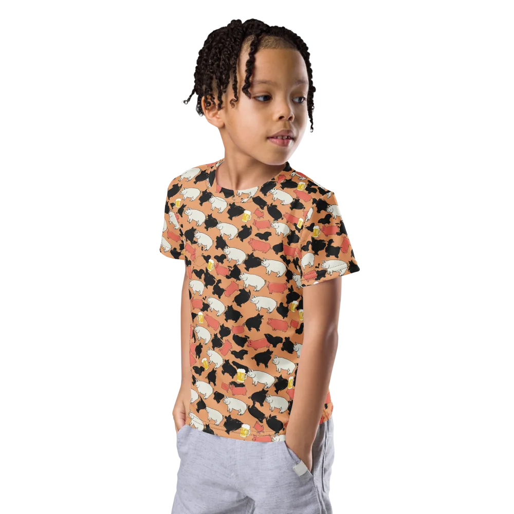 Porcine Party on Kids Crew Neck T-Shirt — Left Front