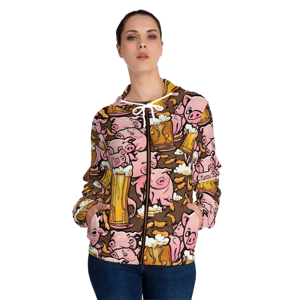 Pigtail Pilsner on Women's Full-Zip Hoodie — Front On Person