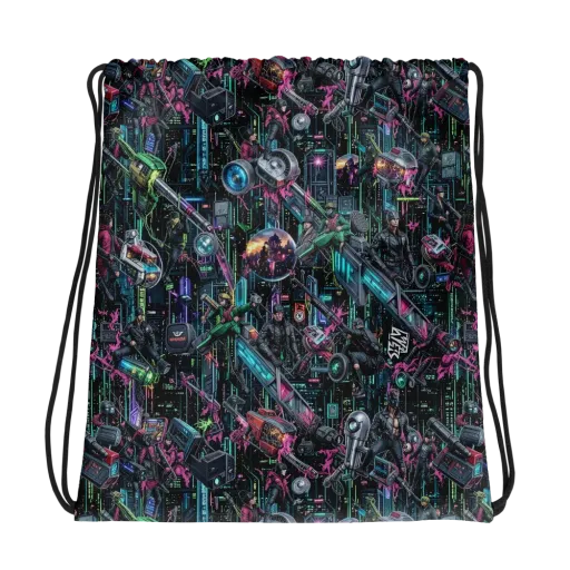 Neon Ruin Circuit on a Drawstring Bag
