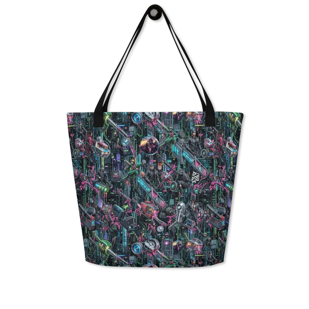 Neon Ruin Circuit on Large Tote Bag W/ Pocket — Front