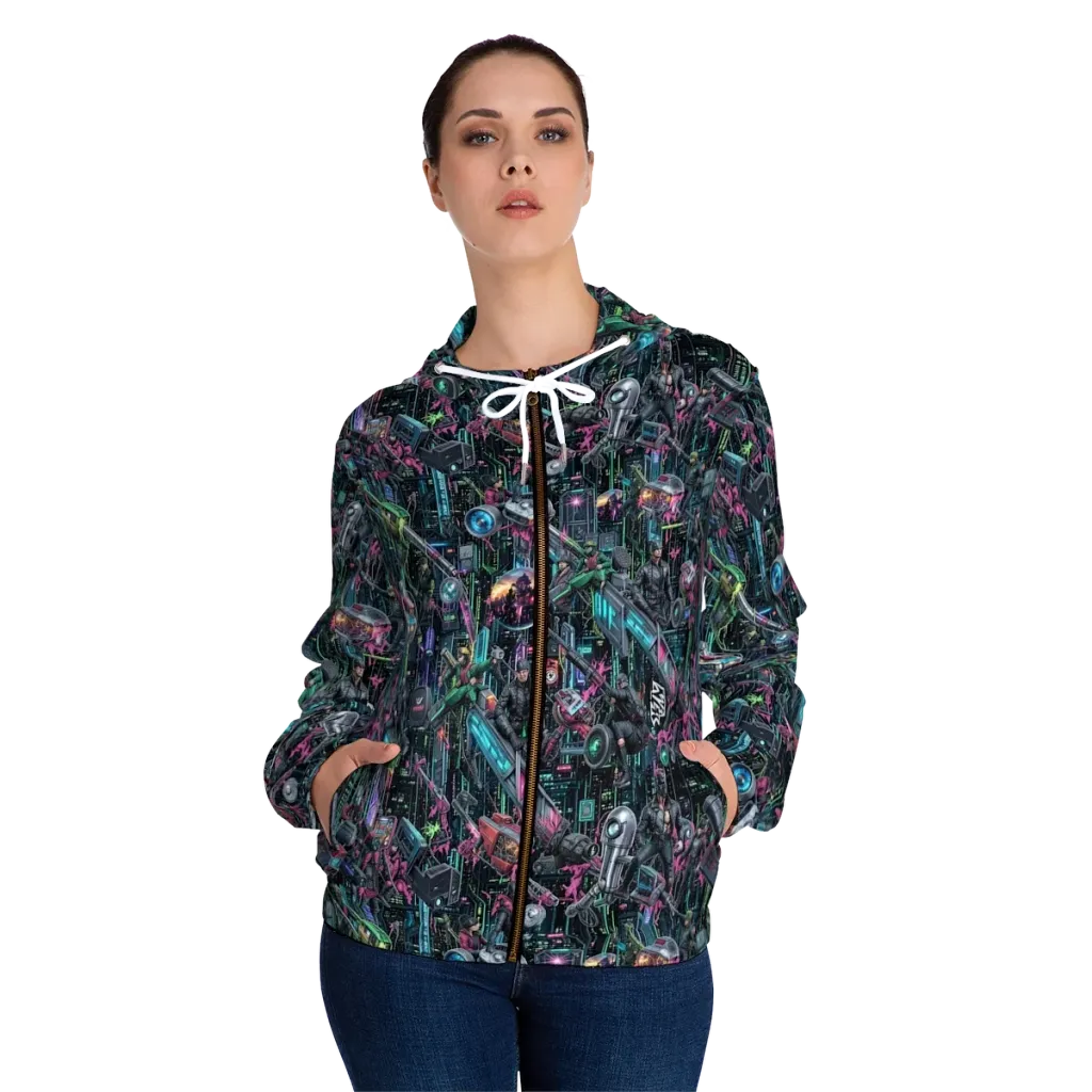 Neon Ruin Circuit on Women's Full-Zip Hoodie — Front On Person