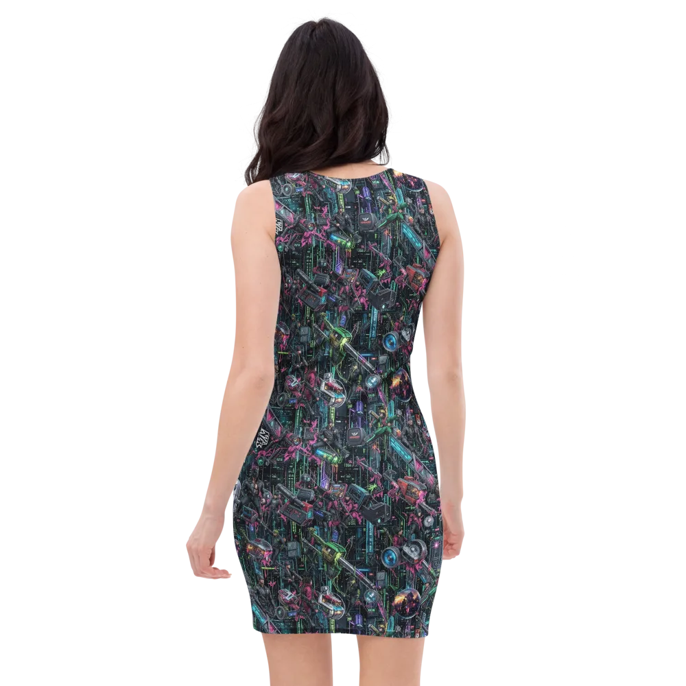 Neon Ruin Circuit on Bodycon Dress — Back