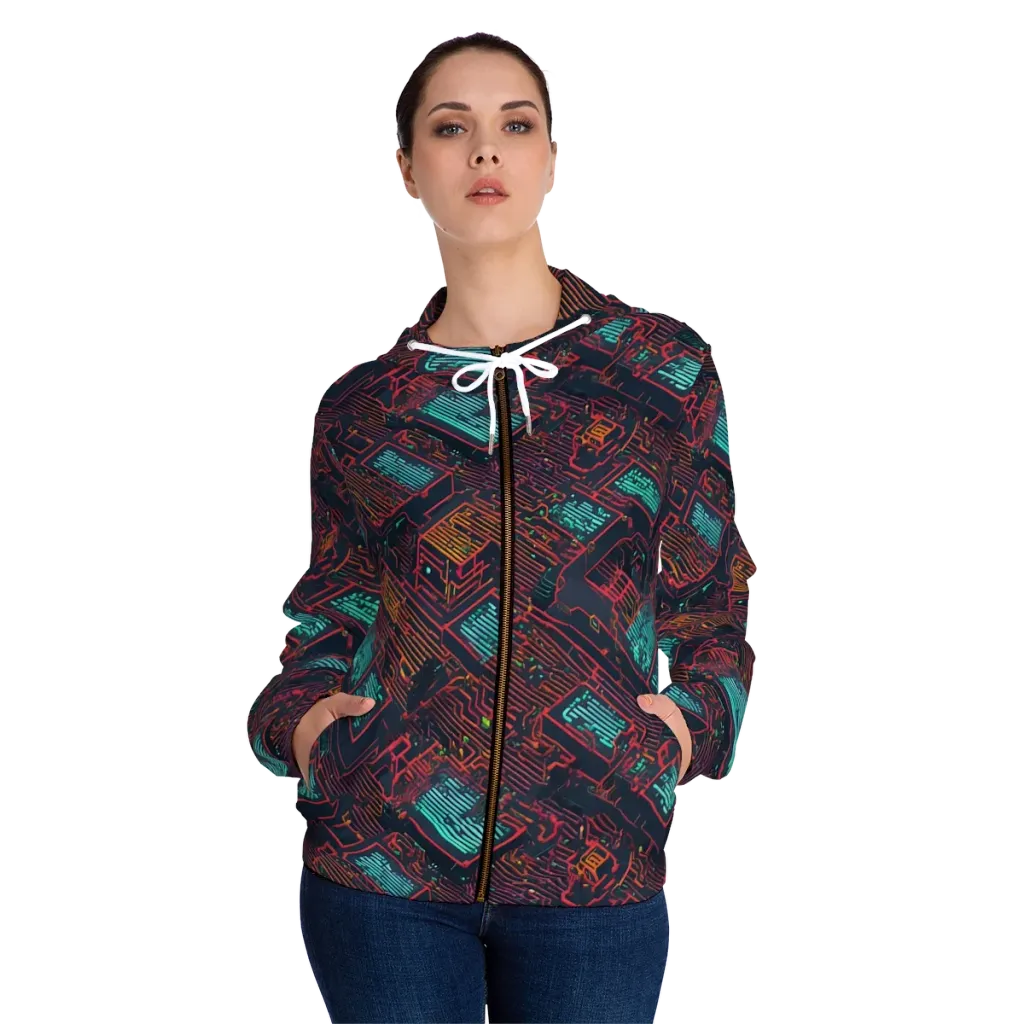 Midnight Motherboard on Women's Full-Zip Hoodie — Front On Person