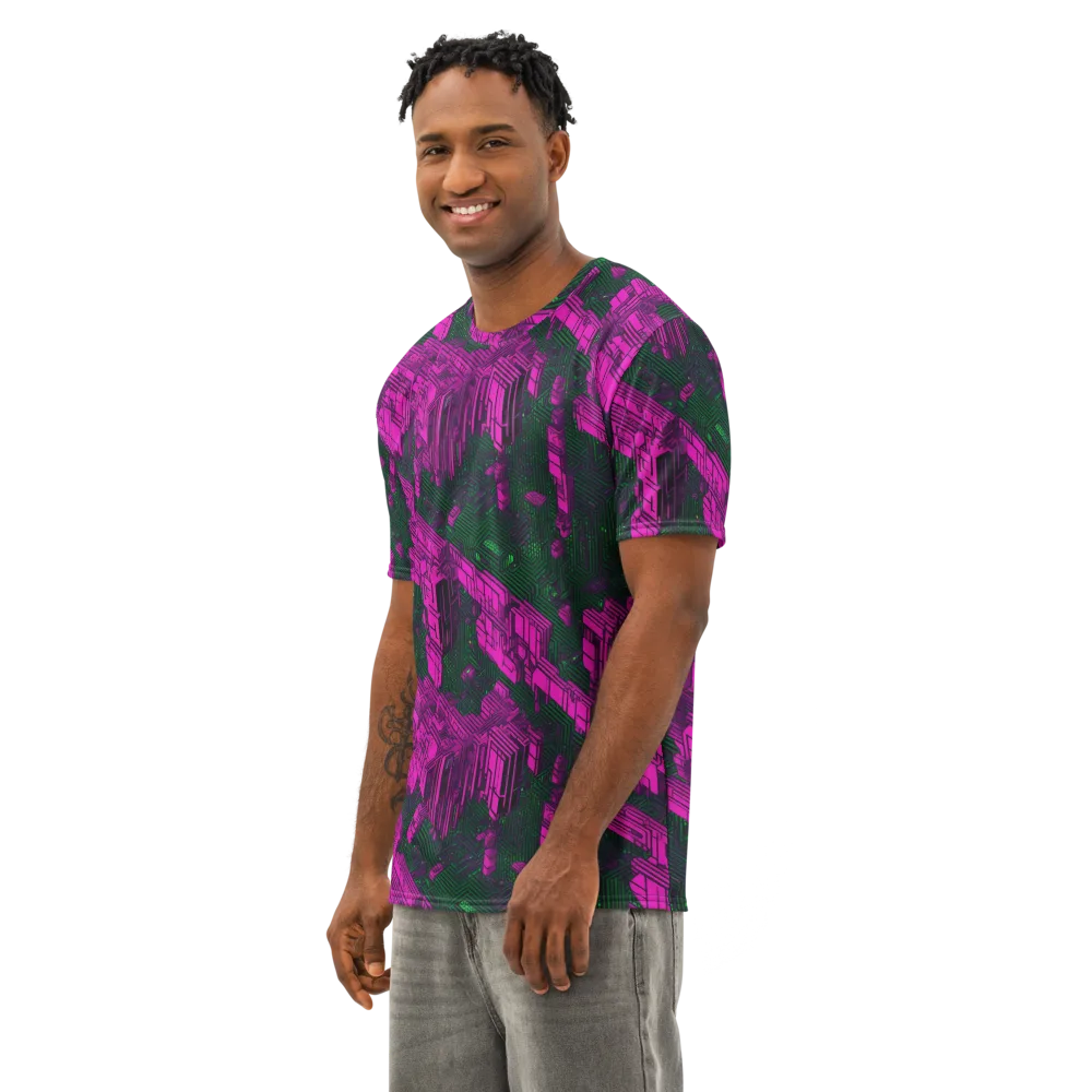 Magenta Gridfall on Men's Cotton Crew Neck T-Shirt — Left Front