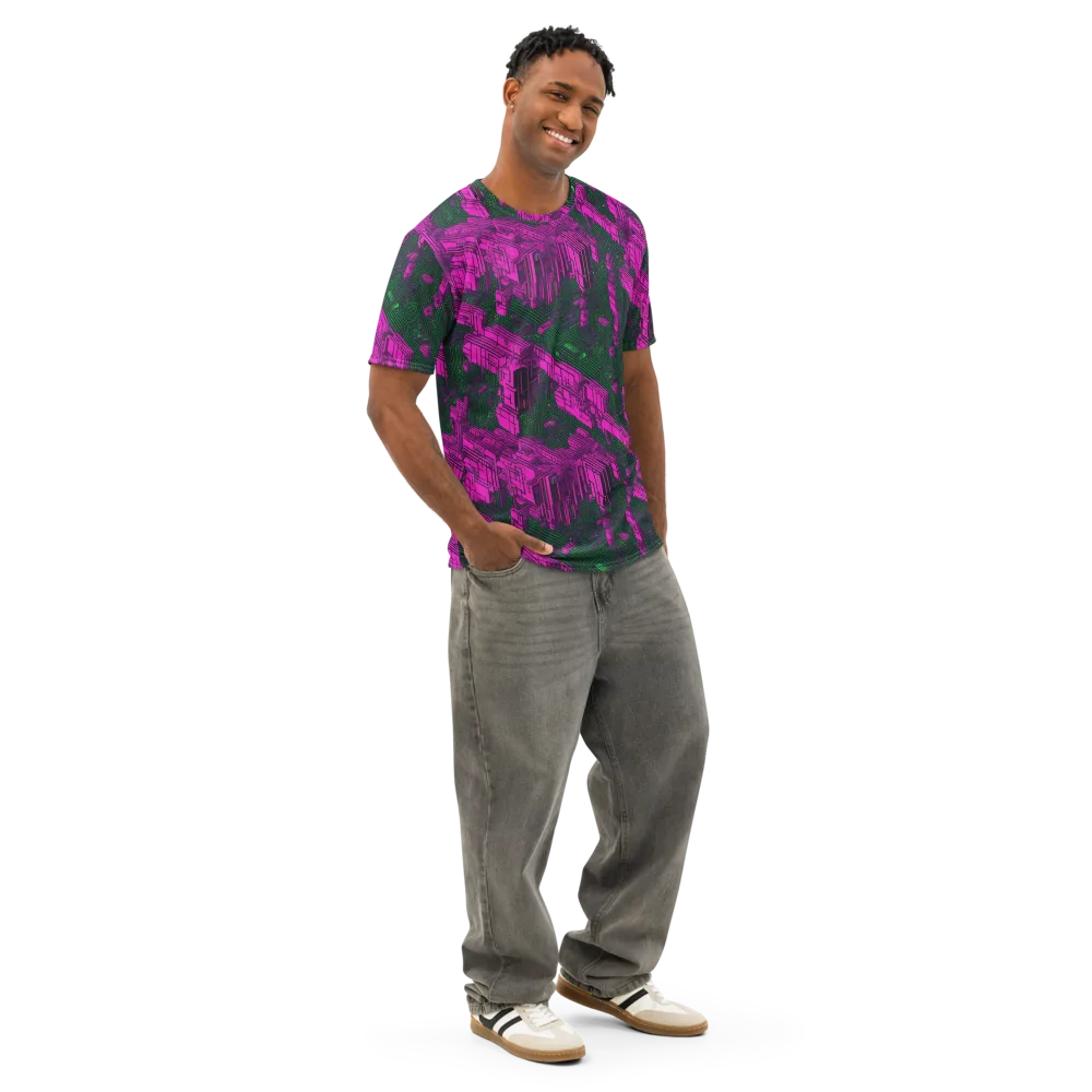 Magenta Gridfall on Men's Cotton Crew Neck T-Shirt — Right Front