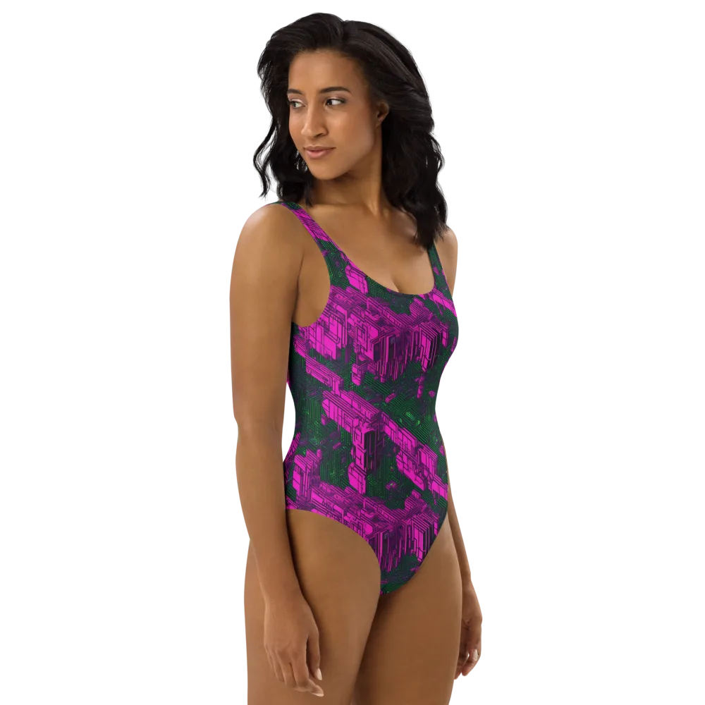 Magenta Gridfall on One-Piece Swimsuit — Right