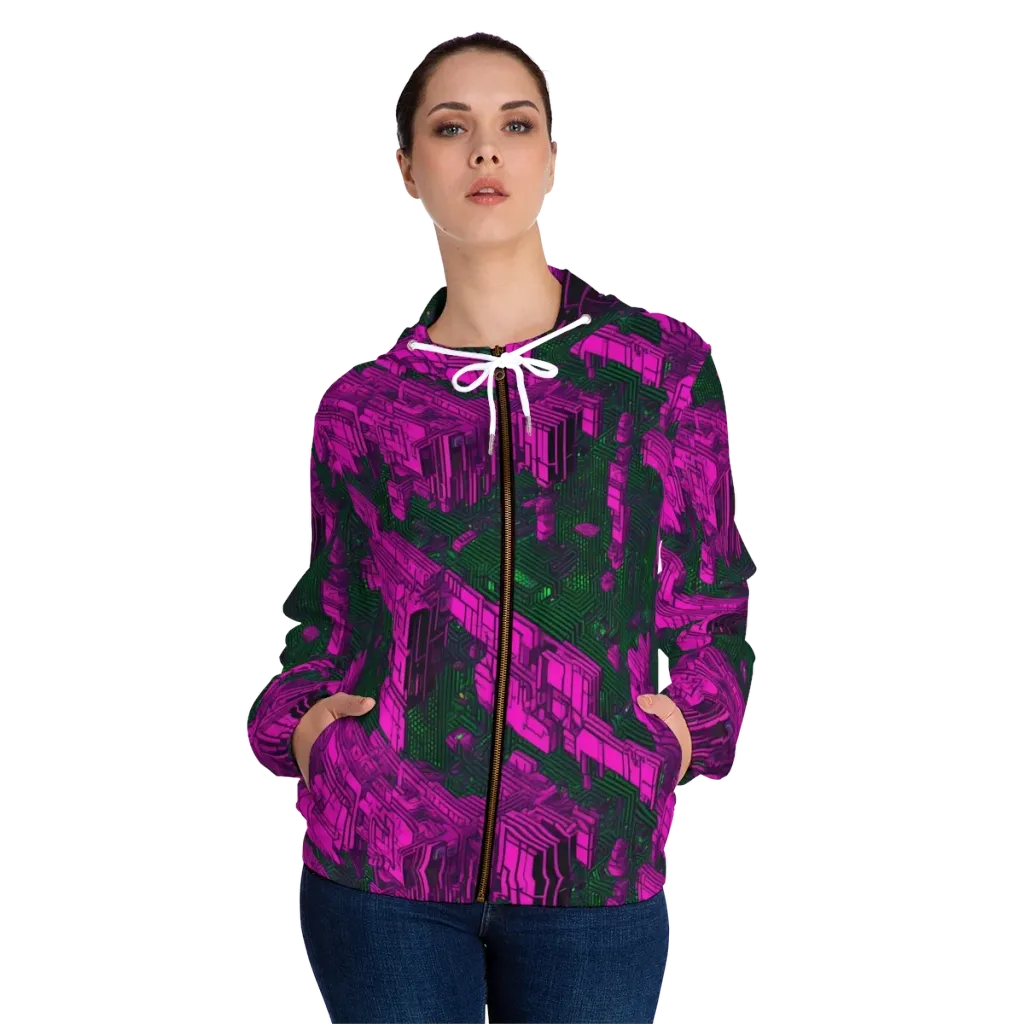 Magenta Gridfall on Women's Full-Zip Hoodie — Front On Person