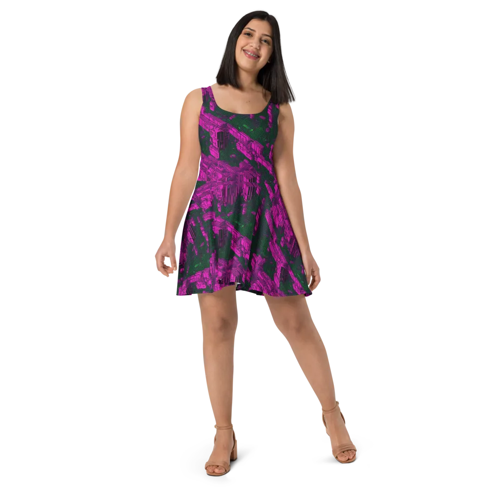 Magenta Gridfall on Skater Dress — Front