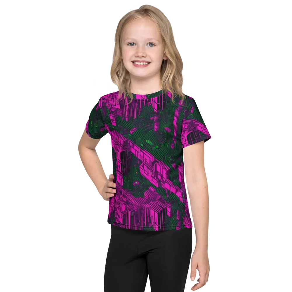 Magenta Gridfall on Kids Crew Neck T-Shirt — Front