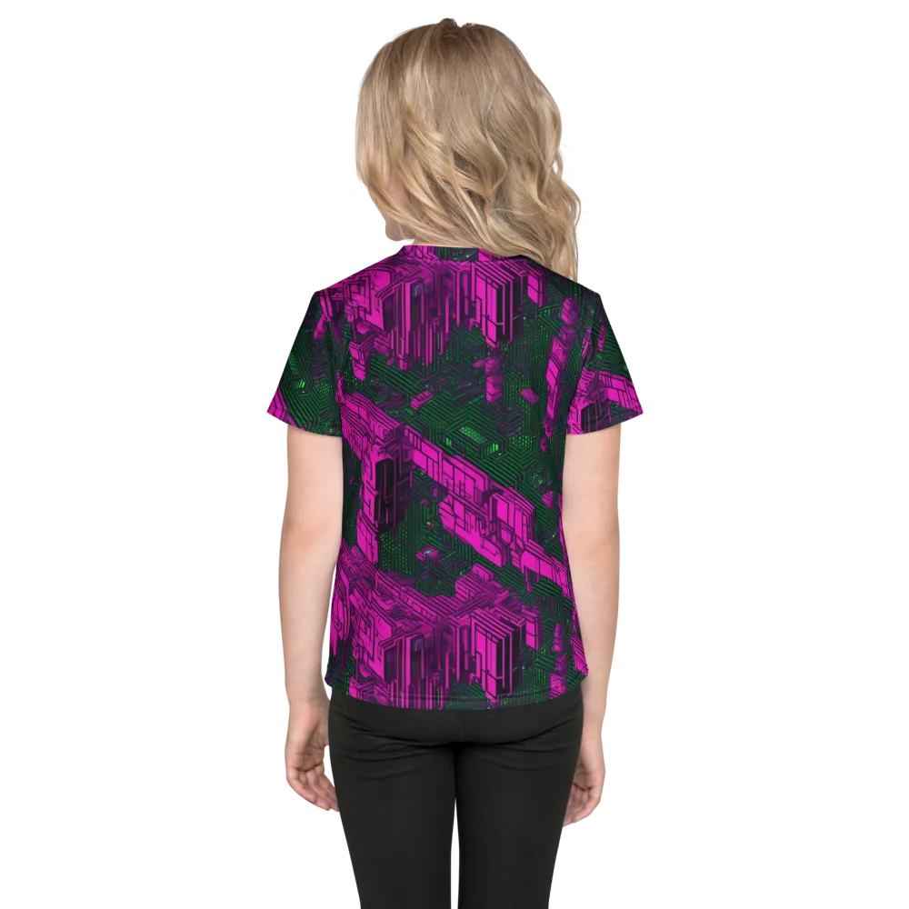 Magenta Gridfall on Kids Crew Neck T-Shirt — Back