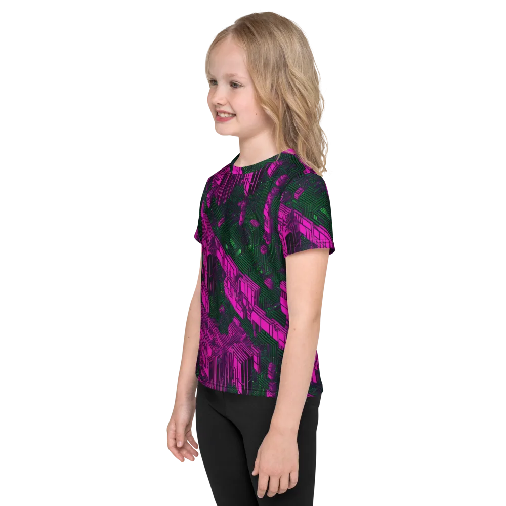 Magenta Gridfall on Kids Crew Neck T-Shirt — Left