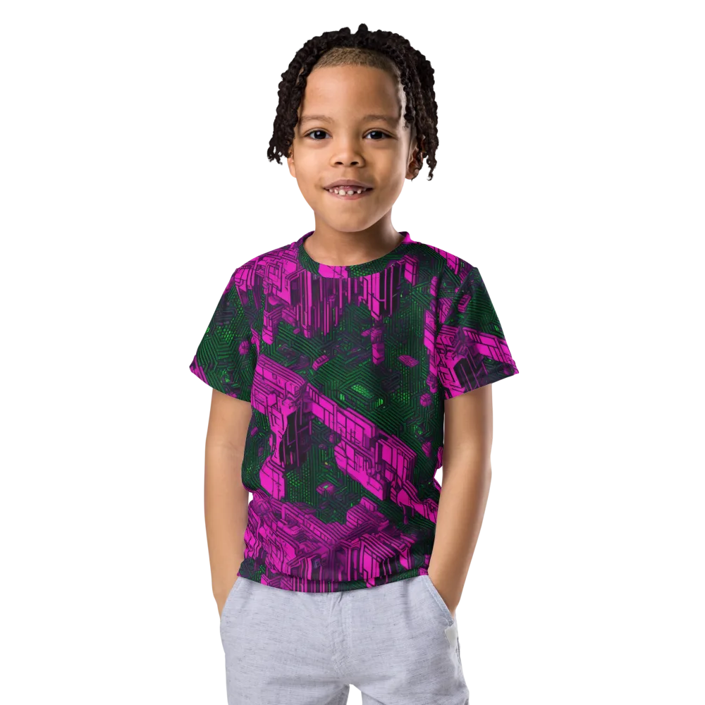 Magenta Gridfall on Kids Crew Neck T-Shirt — Front
