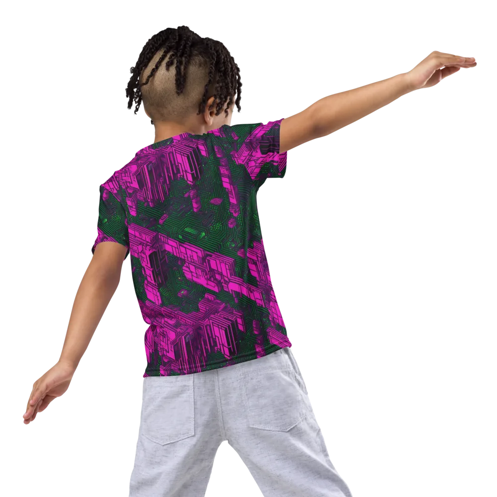 Magenta Gridfall on Kids Crew Neck T-Shirt — Back