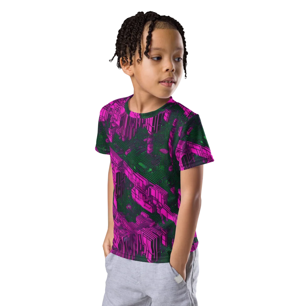Magenta Gridfall on Kids Crew Neck T-Shirt — Left Front