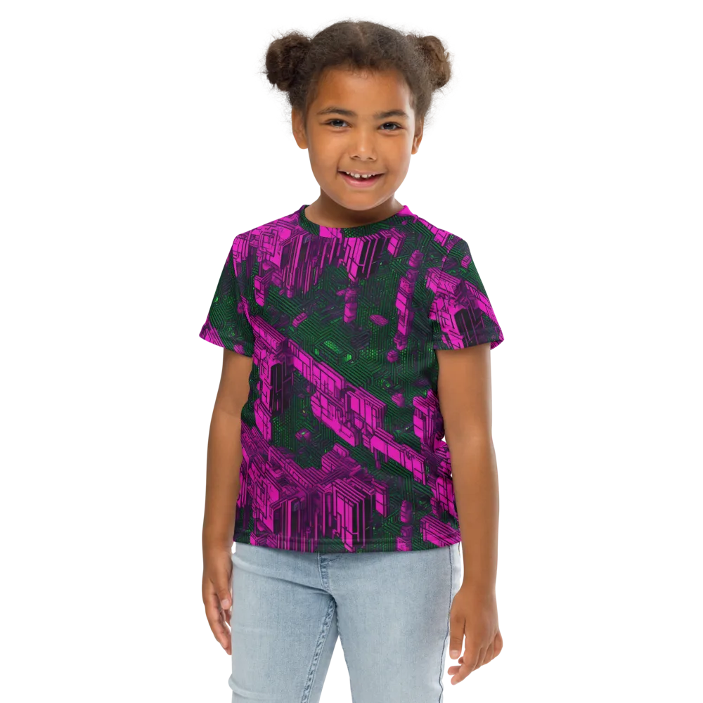 Magenta Gridfall on Kids Crew Neck T-Shirt — Front