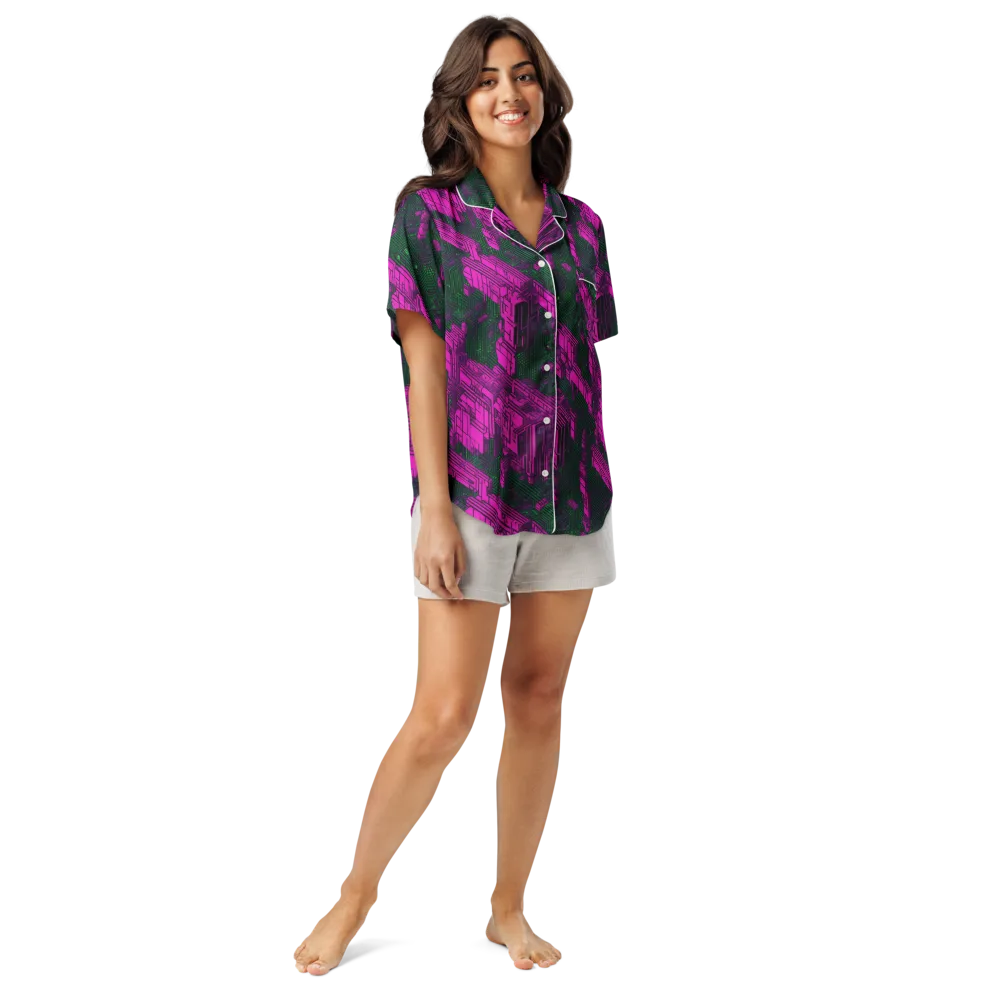 Magenta Gridfall on Women's Short Sleeve Pajama Top — Front