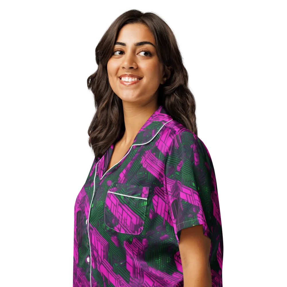 Magenta Gridfall on Women's Short Sleeve Pajama Top — Left Front