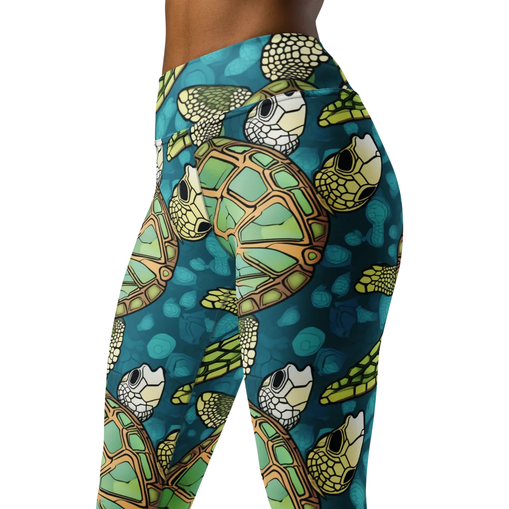 Lagoon Turtles on Yoga Leggings — Left Front