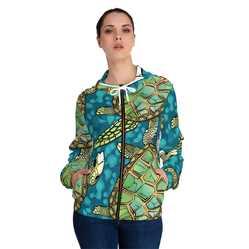 Lagoon Turtles on Women's Full-Zip Hoodie — Front On Person