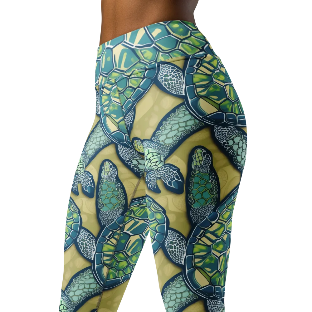 Sea Glass Tortoises on Yoga Leggings — Left Front