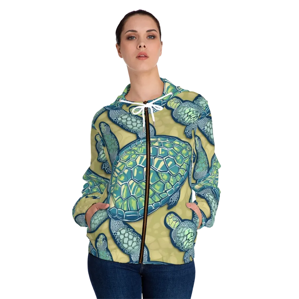Sea Glass Tortoises on Women's Full-Zip Hoodie — Front On Person