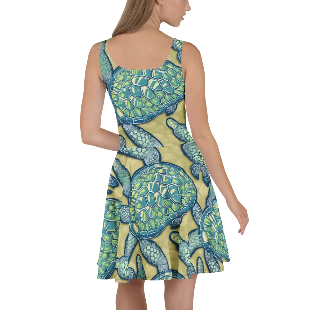 Sea Glass Tortoises on Skater Dress — Back