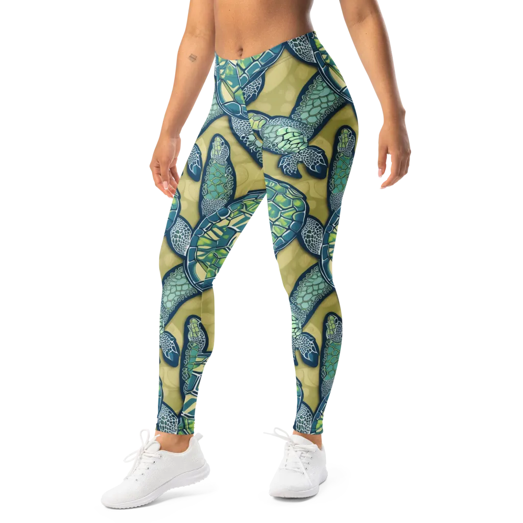 Sea Glass Tortoises on Leggings — Left Front