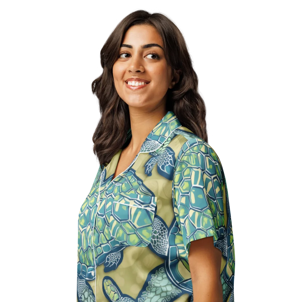 Sea Glass Tortoises on Women's Short Sleeve Pajama Top — Left Front