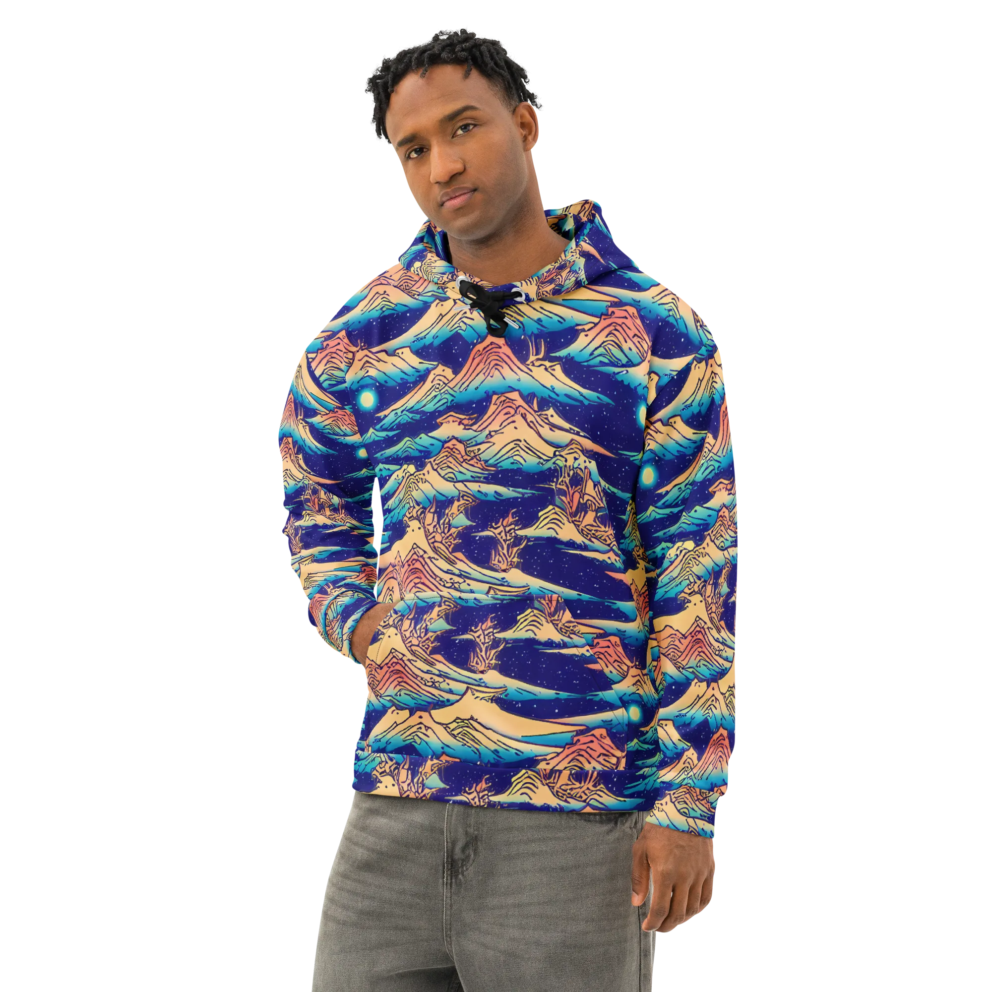 Mystical Mountain Mirage on Cotton Hoodie — Left Front