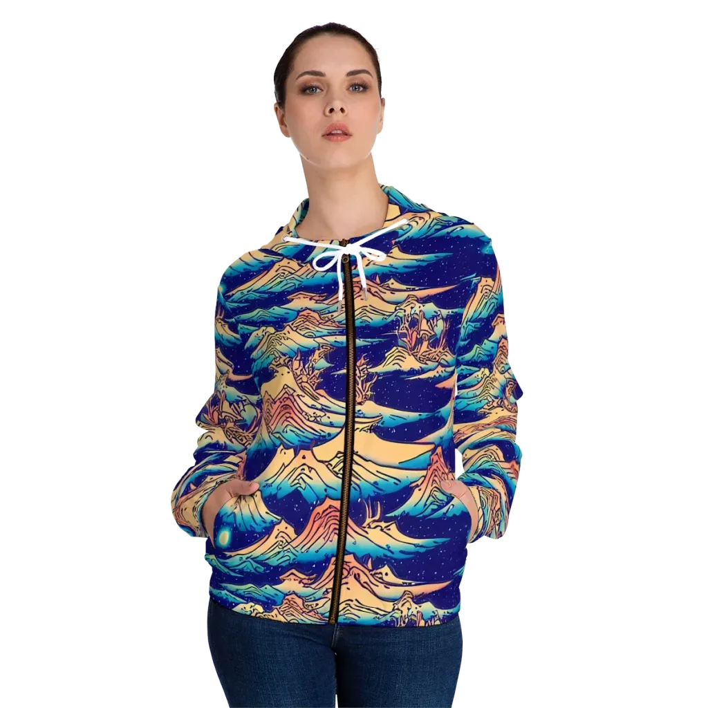 Mystical Mountain Mirage on Women's Full-Zip Hoodie — Front On Person