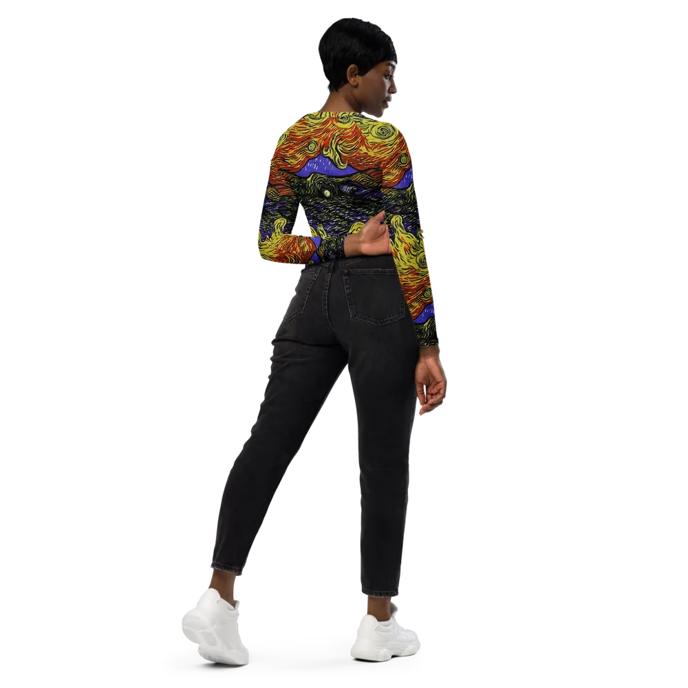 Dancing Solar Flare on Long Sleeve Crop Top — Right Back