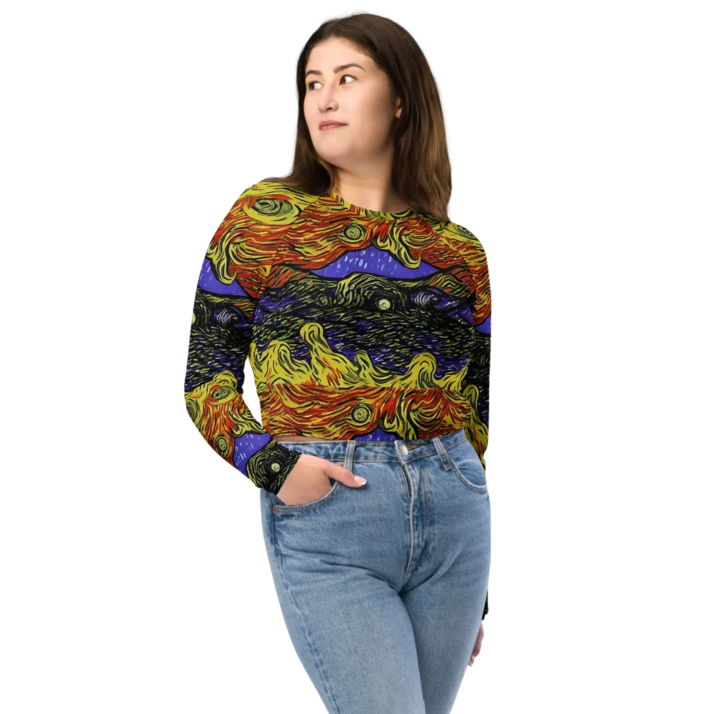 Dancing Solar Flare on Long Sleeve Crop Top — Front