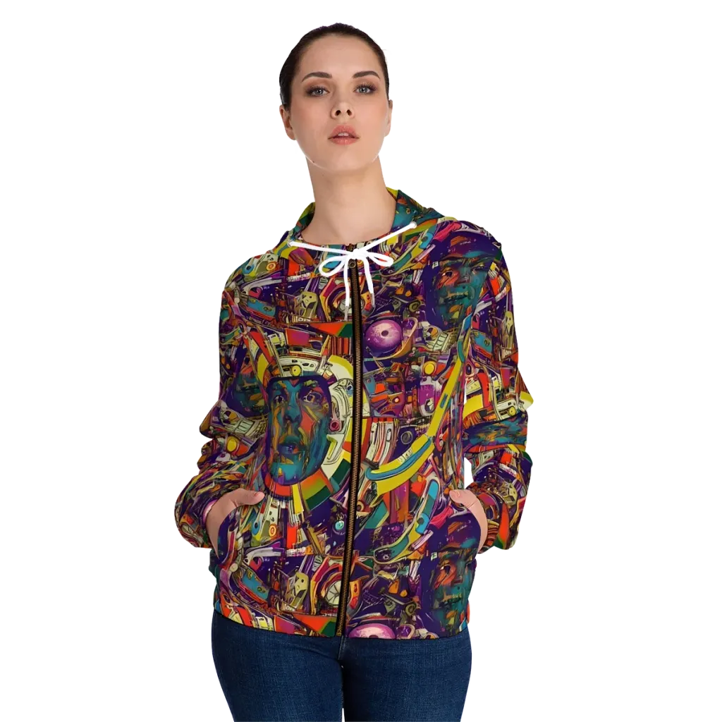 Cosmic Collage on Women's Full-Zip Hoodie — Front On Person