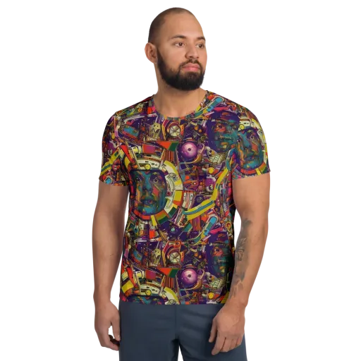Cosmic Collage on a Men's Athletic T-Shirt