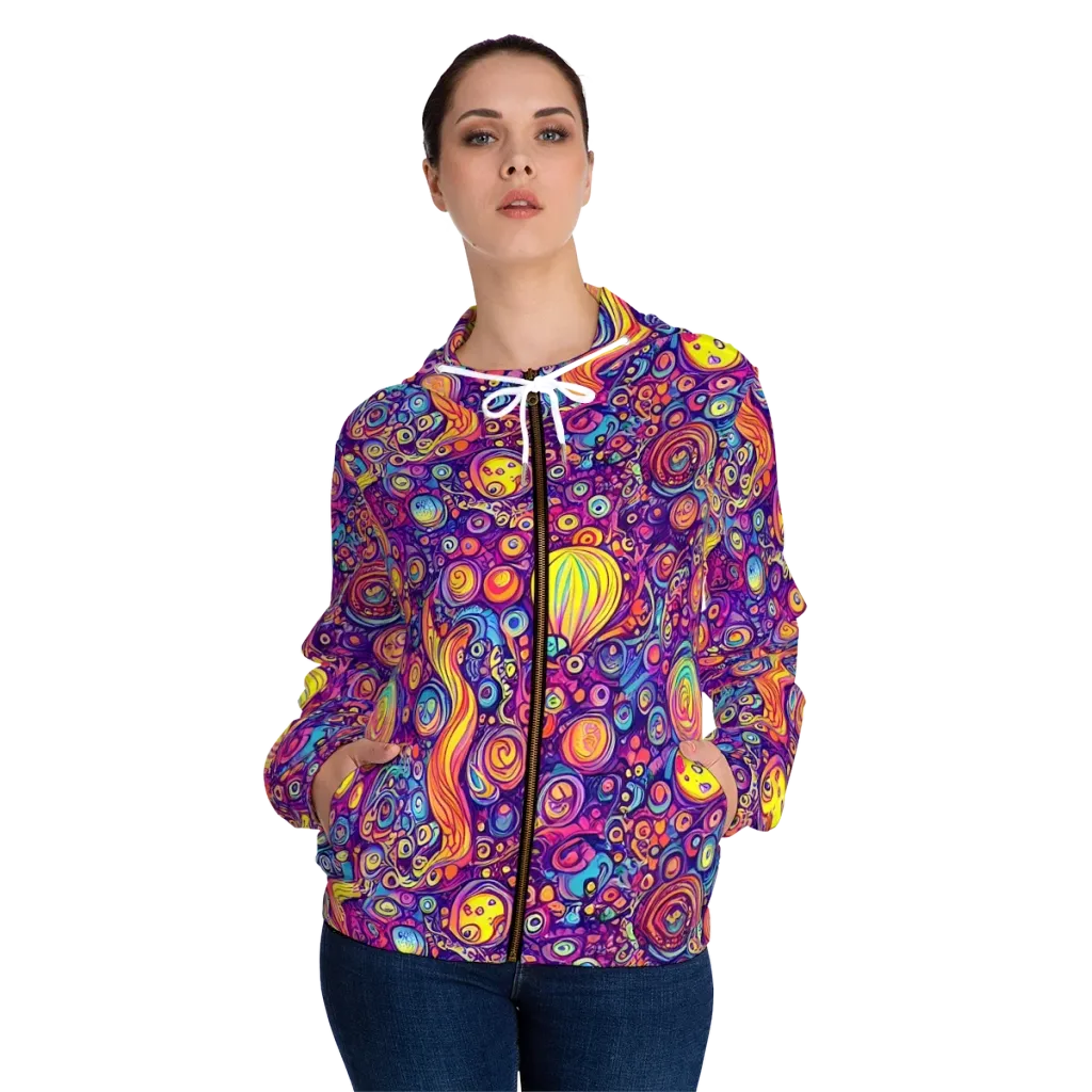 Festival of Whimsy on Women's Full-Zip Hoodie — Front On Person