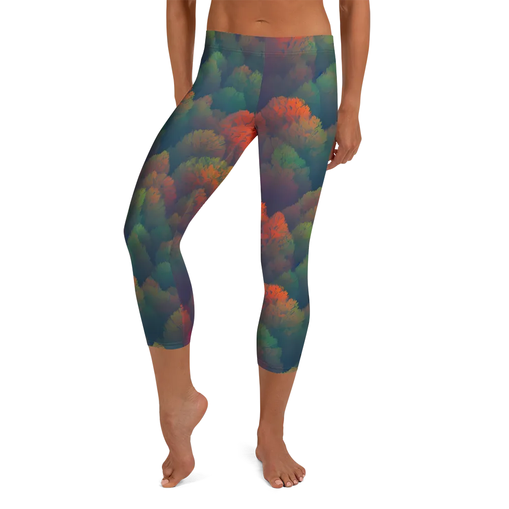 Flame-Kissed Foliage on Capri Leggings — Front