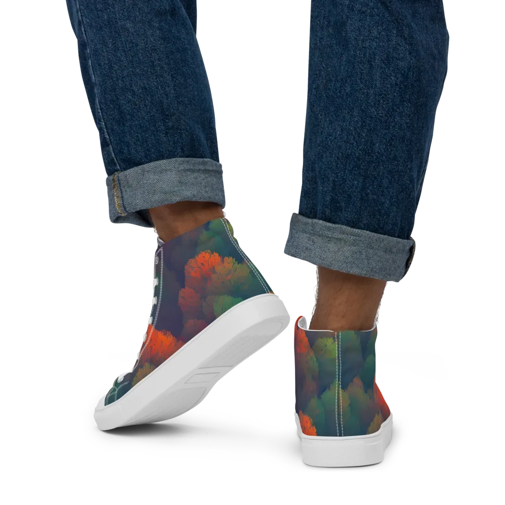 Flame-Kissed Foliage on Men's High Top Canvas Shoes — Back