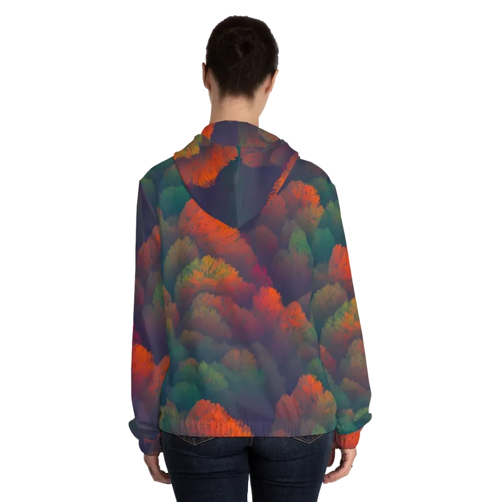 Flame-Kissed Foliage on Women's Full-Zip Hoodie — Back On Person