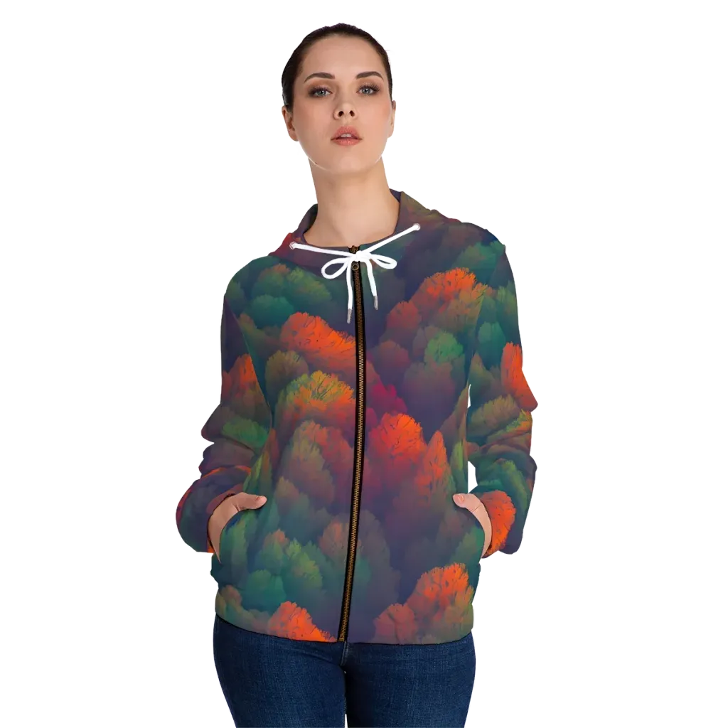 Flame-Kissed Foliage on Women's Full-Zip Hoodie — Front On Person