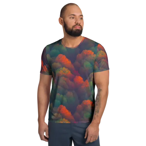 Flame-Kissed Foliage on a Men's Athletic T-Shirt