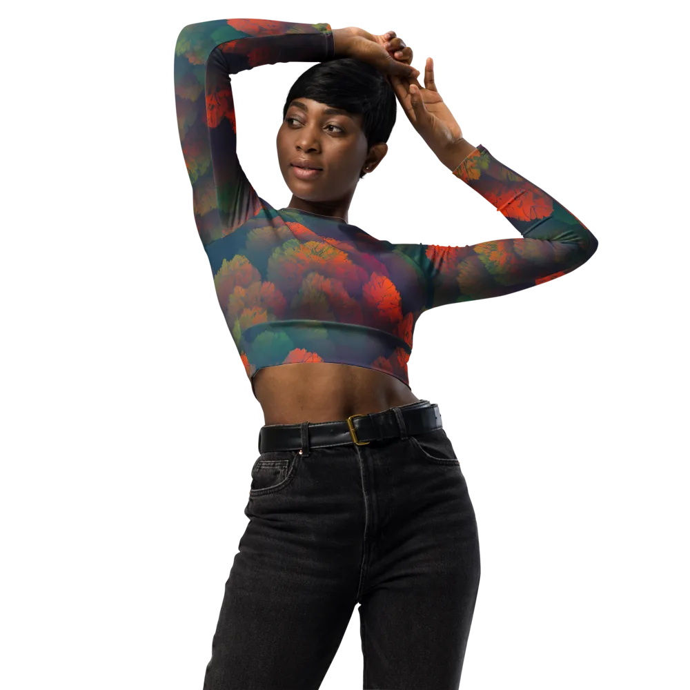 Flame-Kissed Foliage on Long Sleeve Crop Top — Front