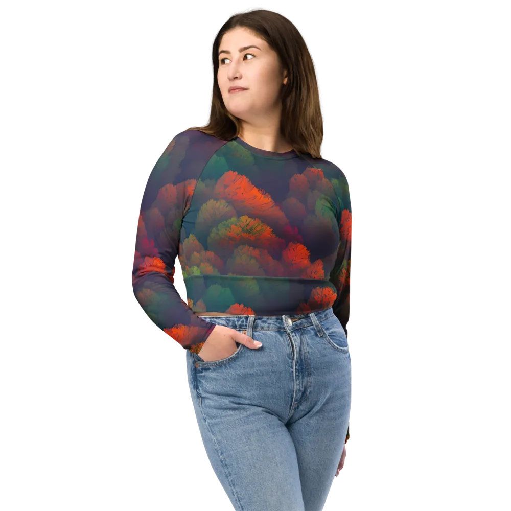 Flame-Kissed Foliage on Long Sleeve Crop Top — Front