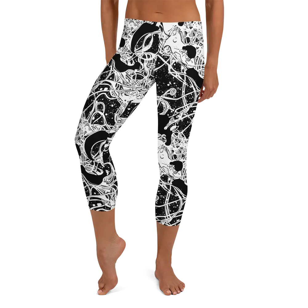 Chaos in Black on Capri Leggings — Front