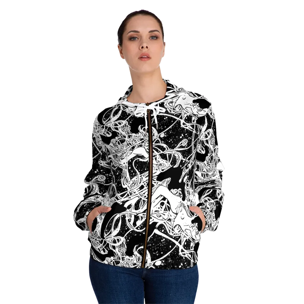 Chaos in Black on Women's Full-Zip Hoodie — Front On Person