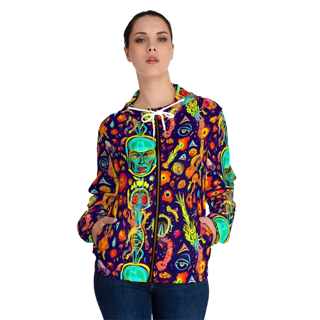 Celestial Quirk on Women's Full-Zip Hoodie — Front On Person